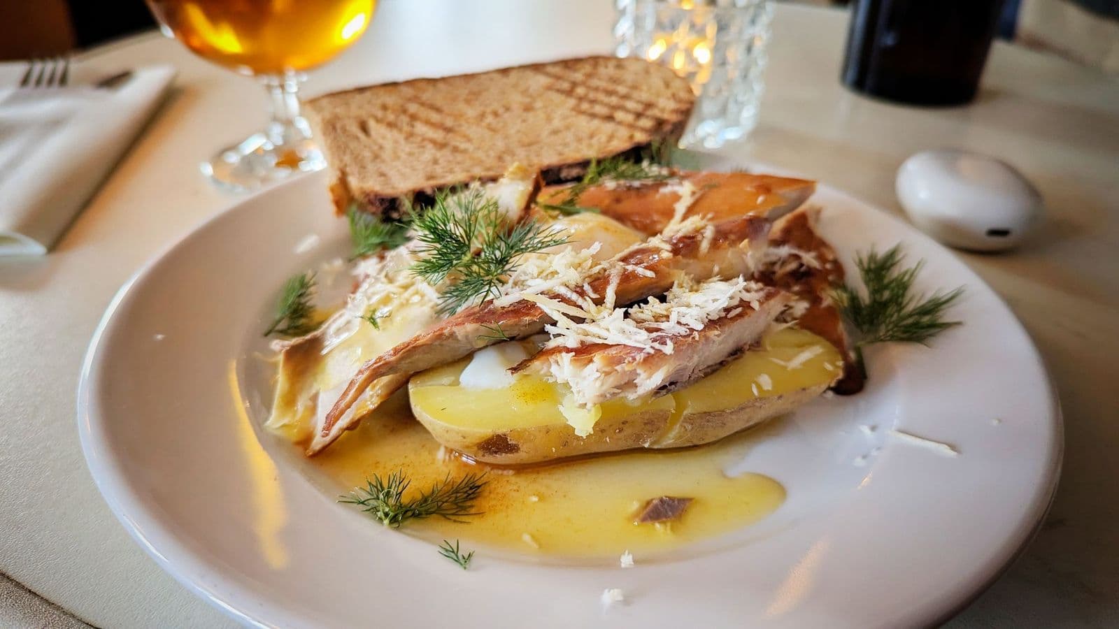 Smoked Mackerel with poached egg, potato and dill